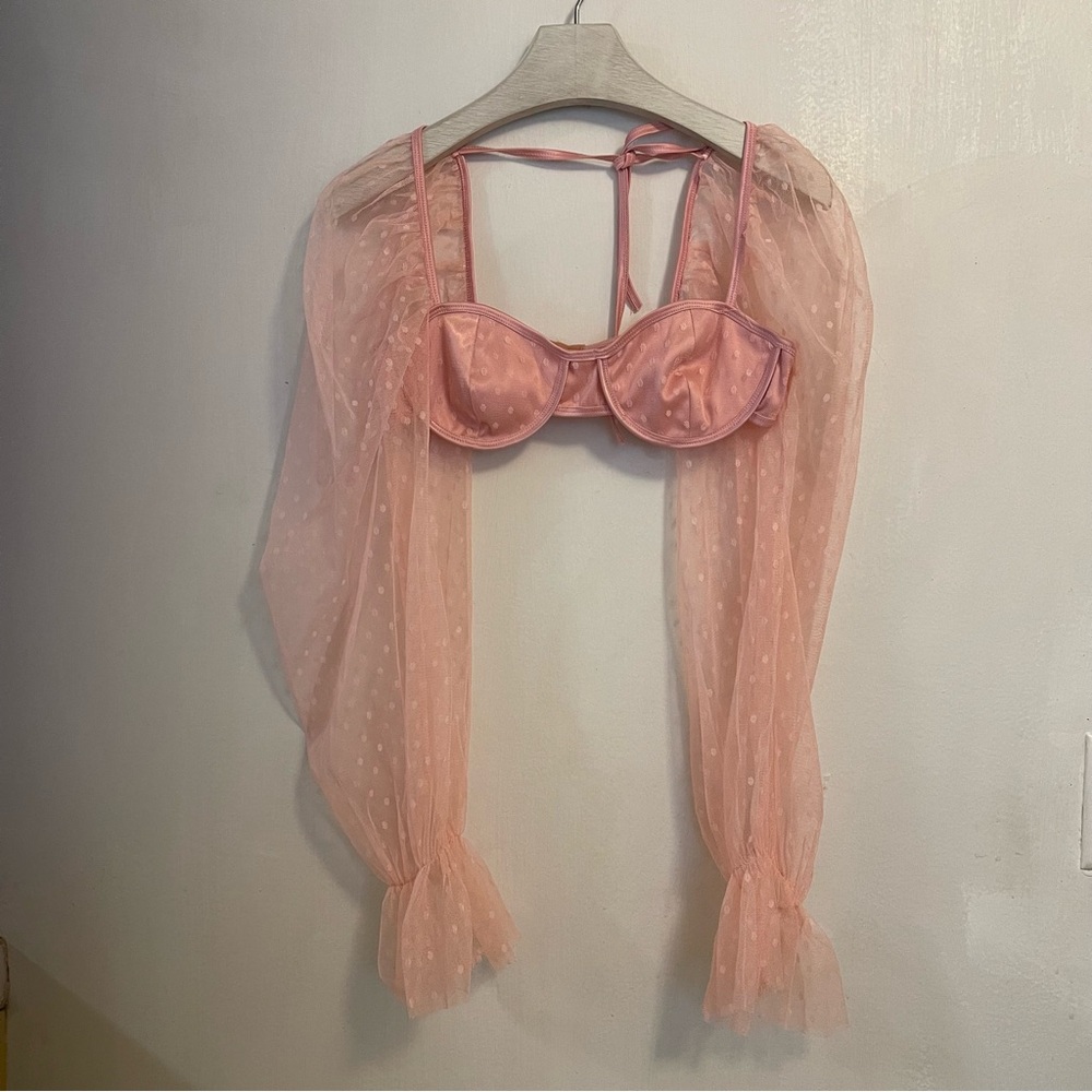 Fashion Nova Top Bustier Pink Polka dot Sheer Long Sleeves Sexy Party Small - Picture 13 of 17